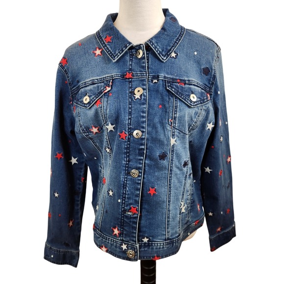Style & Co. Jackets & Blazers - Style & Co Denim Jacket Women's Large Red‎ White Star Embroidered Patriotic NWT